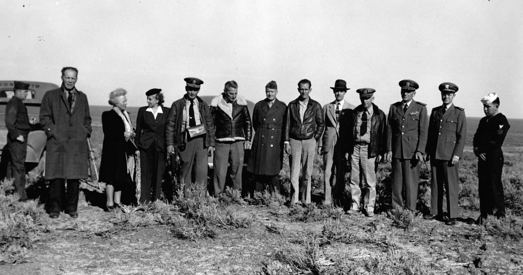 William T. Kelley (5th from right) at Trinity Site in spring 1945. Photo courtesy of Joseph Kelley.
